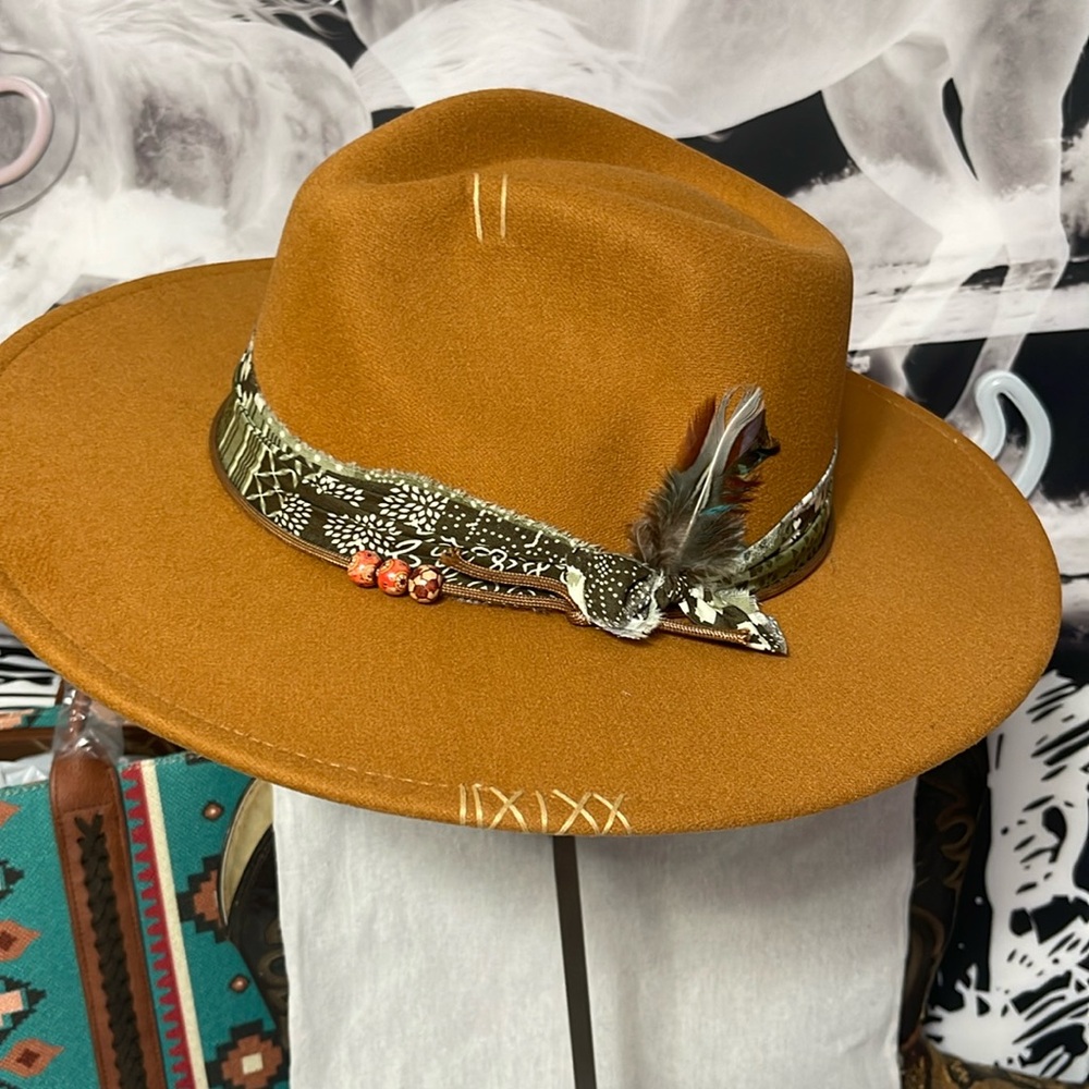 Boho Cowgirl Hat customized with fabric/feathers,beads around band